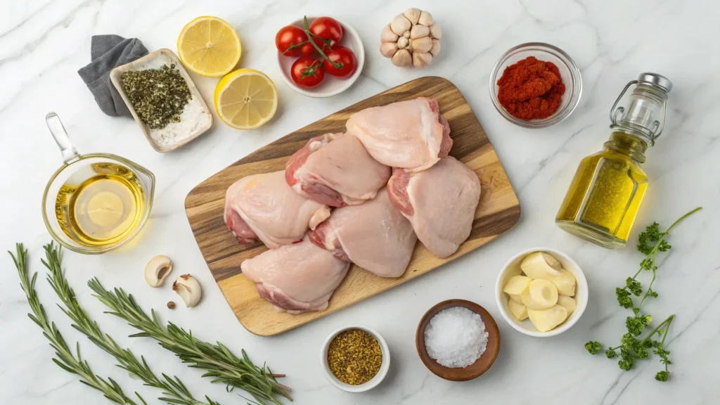 All ingredients needed for skillet chicken thighs recipe laid out on marble countertop