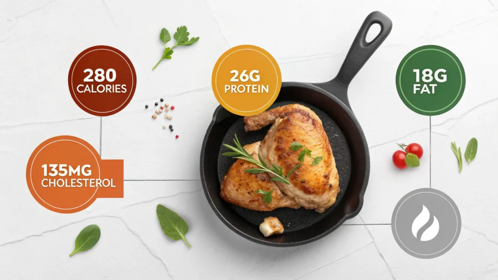 Nutritional information infographic for skillet chicken thighs showing calories protein and vitamins