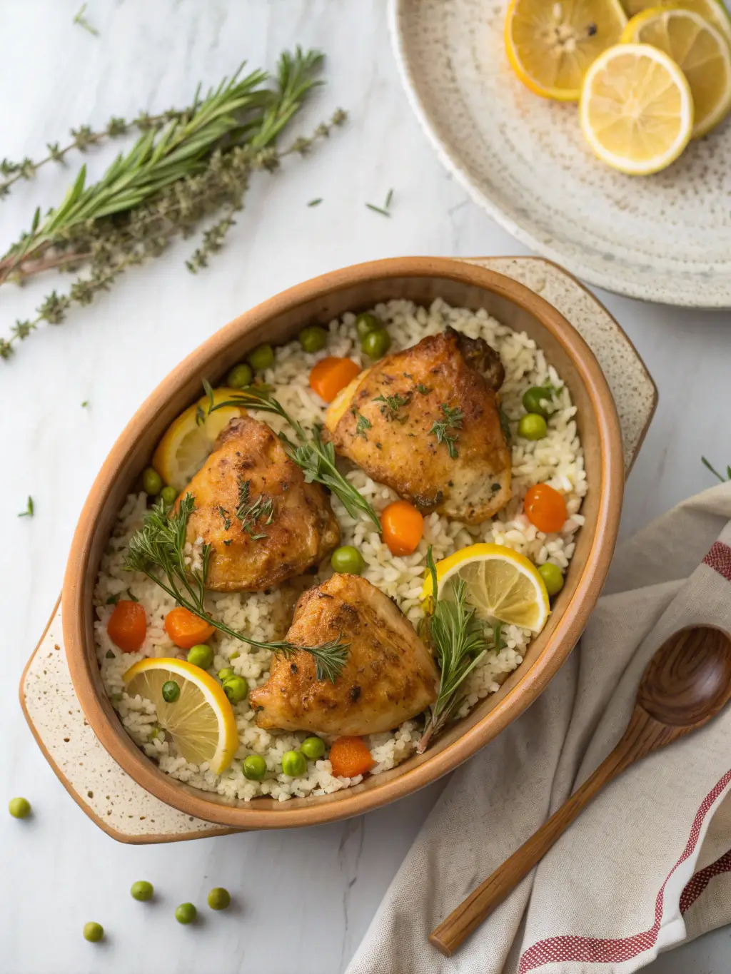 Slow Cooker Lemon Herb Chicken and Rice with golden chicken thighs, fluffy rice, carrots, and fresh herbs in rustic oval slow cooker