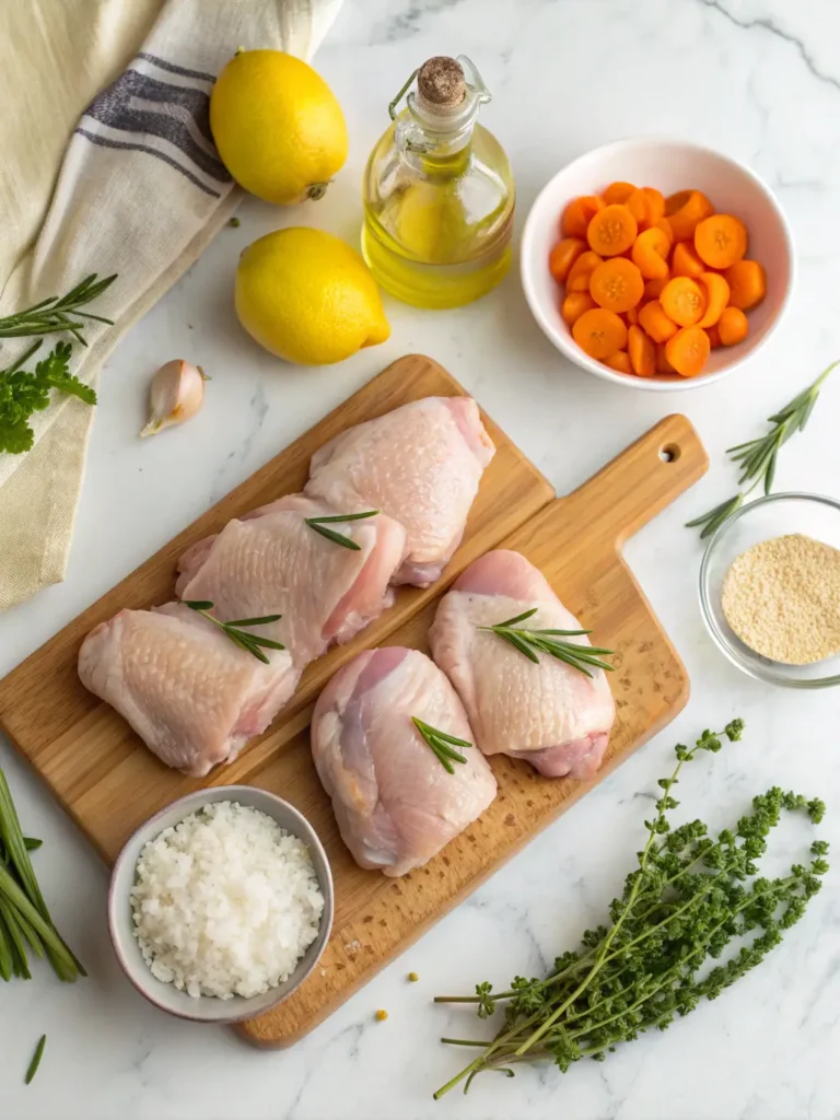 All ingredients for Slow Cooker Lemon Herb Chicken and Rice including raw chicken thighs, rice, fresh lemons, herbs, and vegetables