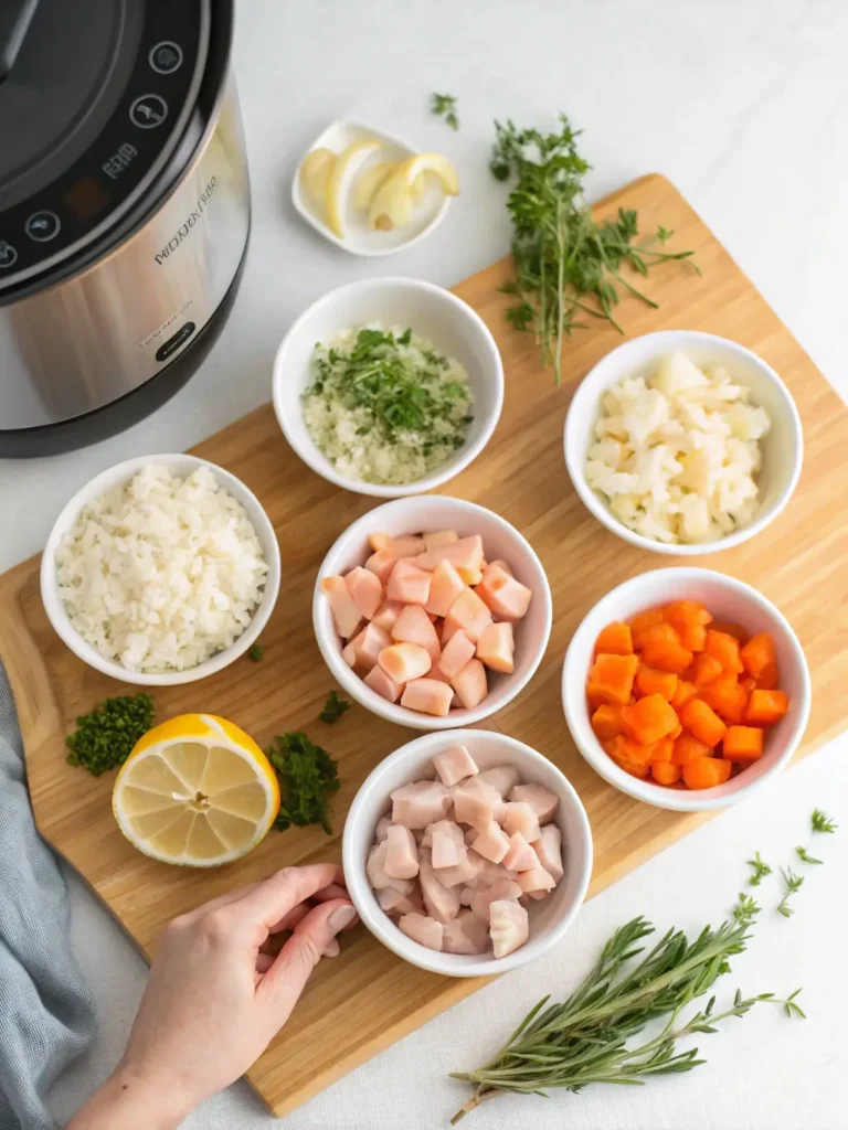 Step-by-step ingredient preparation for Slow Cooker Lemon Herb Chicken and Rice showing diced chicken, rice, herbs, and vegetables