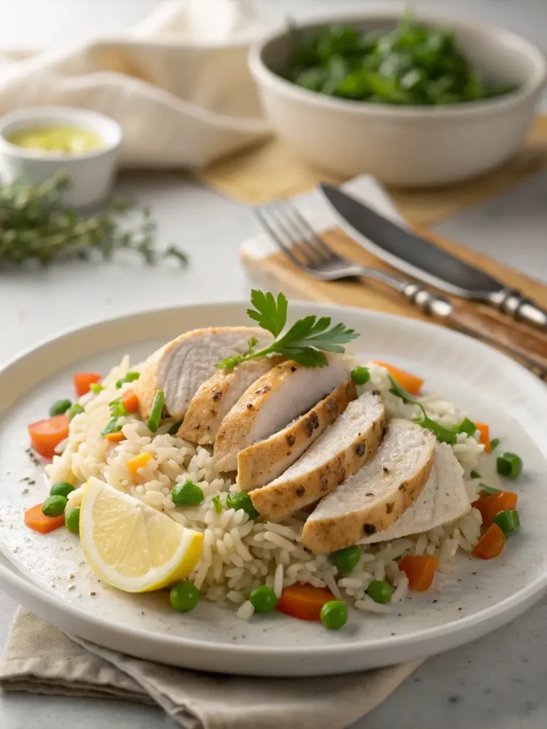 Plated serving of Slow Cooker Lemon Herb Chicken and Rice with sliced chicken, fluffy rice, carrots, and peas garnished with fresh parsley