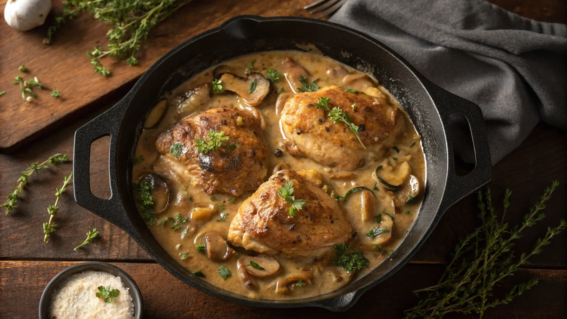 Golden brown smothered chicken thighs with gravy in cast iron skillet garnished with fresh parsley
