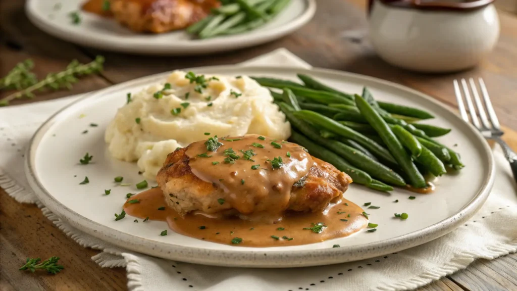 Plated smothered chicken thighs with creamy gravy served with mashed potatoes and green beans