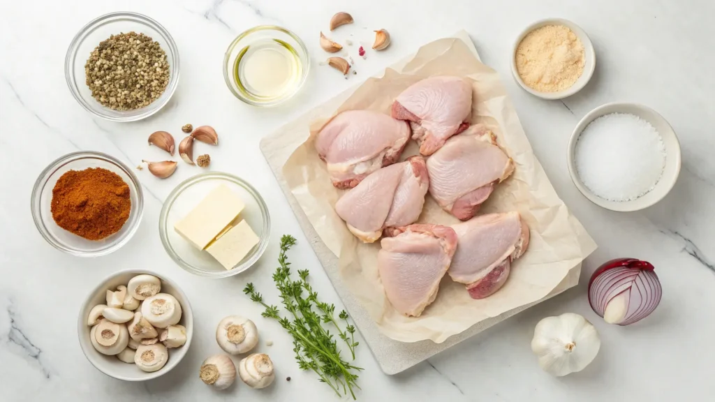Fresh ingredients for smothered chicken thighs recipe including chicken thighs, onions, mushrooms, and spices on marble counter