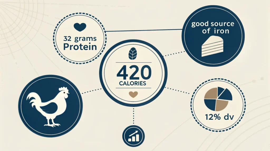 Nutritional information infographic showing calories, protein, and vitamins in smothered chicken thighs with gravy