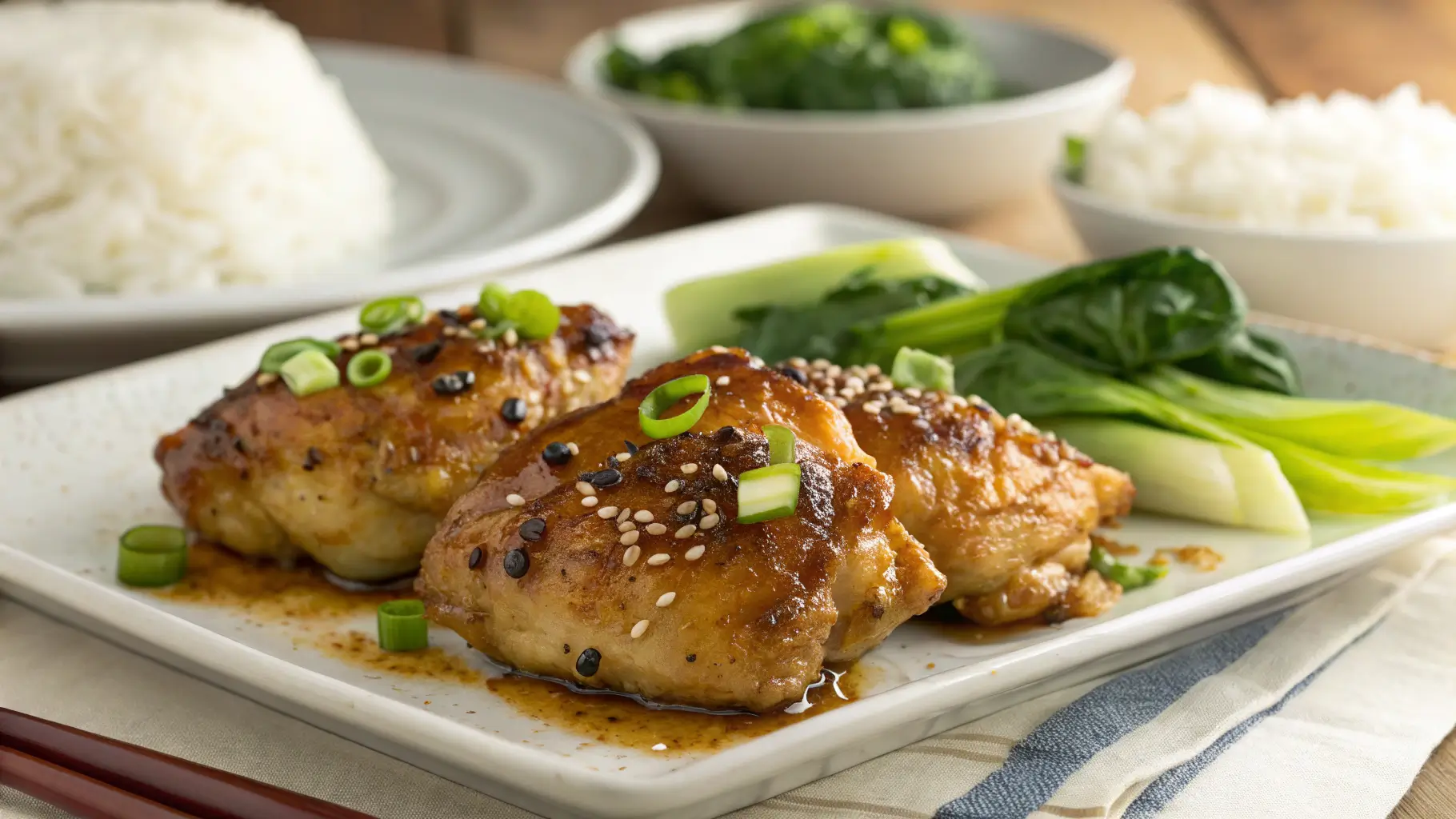 Golden-brown soy garlic baked chicken thighs glazed and garnished with sesame seeds and green onions, served with jasmine rice and stir-fried bok choy on a white ceramic plate
