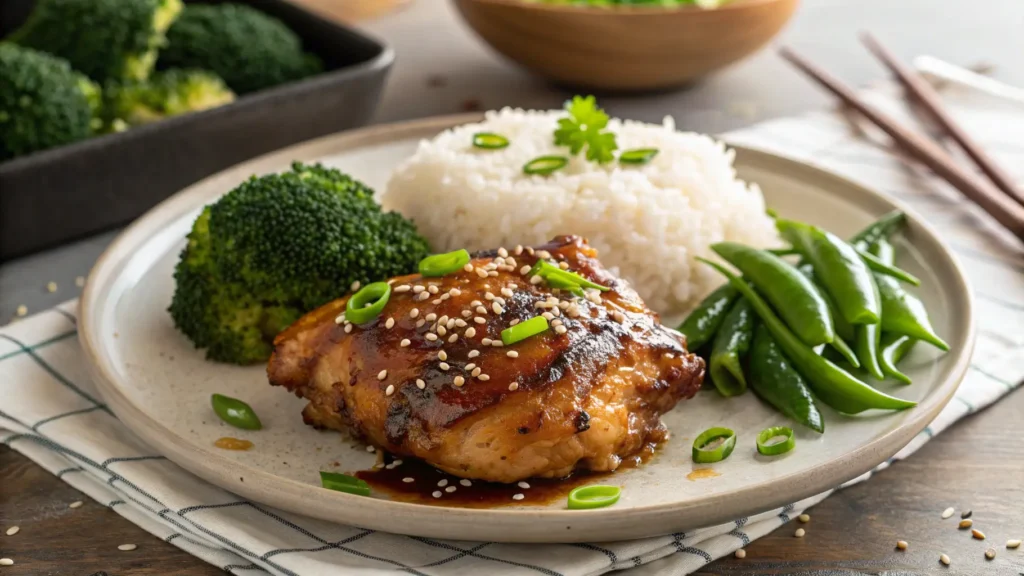 Beautifully plated soy garlic baked chicken thigh with glossy umami glaze, topped with sesame seeds and sliced green onions, served with jasmine rice and roasted vegetables on a modern ceramic plate