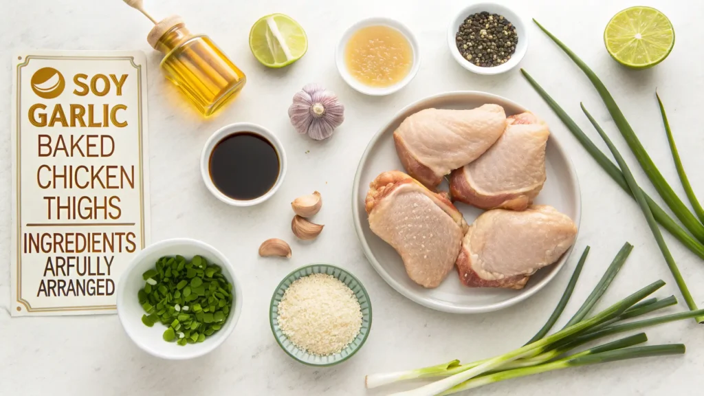 Overhead flat-lay of soy garlic baked chicken thighs ingredients including raw chicken thighs, soy sauce, garlic, ginger, honey, sesame oil, rice vinegar, green onions, sesame seeds, and red pepper flakes arranged on a marble surface