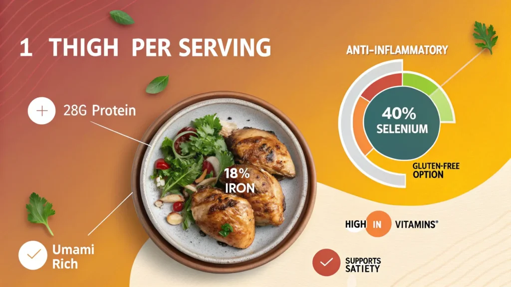 Nutrition infographic for soy garlic baked chicken thighs showing 285-310 calories per serving, 28g protein, 14g fat, 12g carbs, macronutrient pie chart, and health benefit icons including selenium, iron, and anti-inflammatory properties