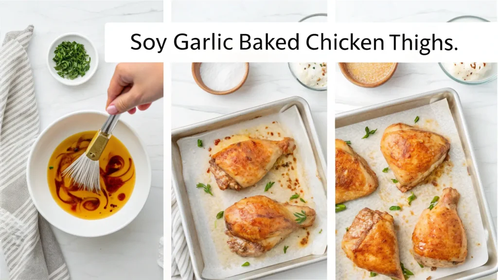 Six-step instructional collage showing how to make soy garlic baked chicken thighs: patting chicken dry, whisking marinade, coating chicken, baking in oven, golden-brown finished chicken, and final glaze brushing