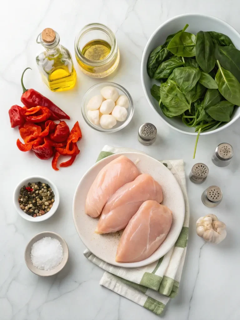 Raw ingredients for roasted red pepper and mozzarella stuffed chicken including chicken breasts, cheese, peppers, and spinach