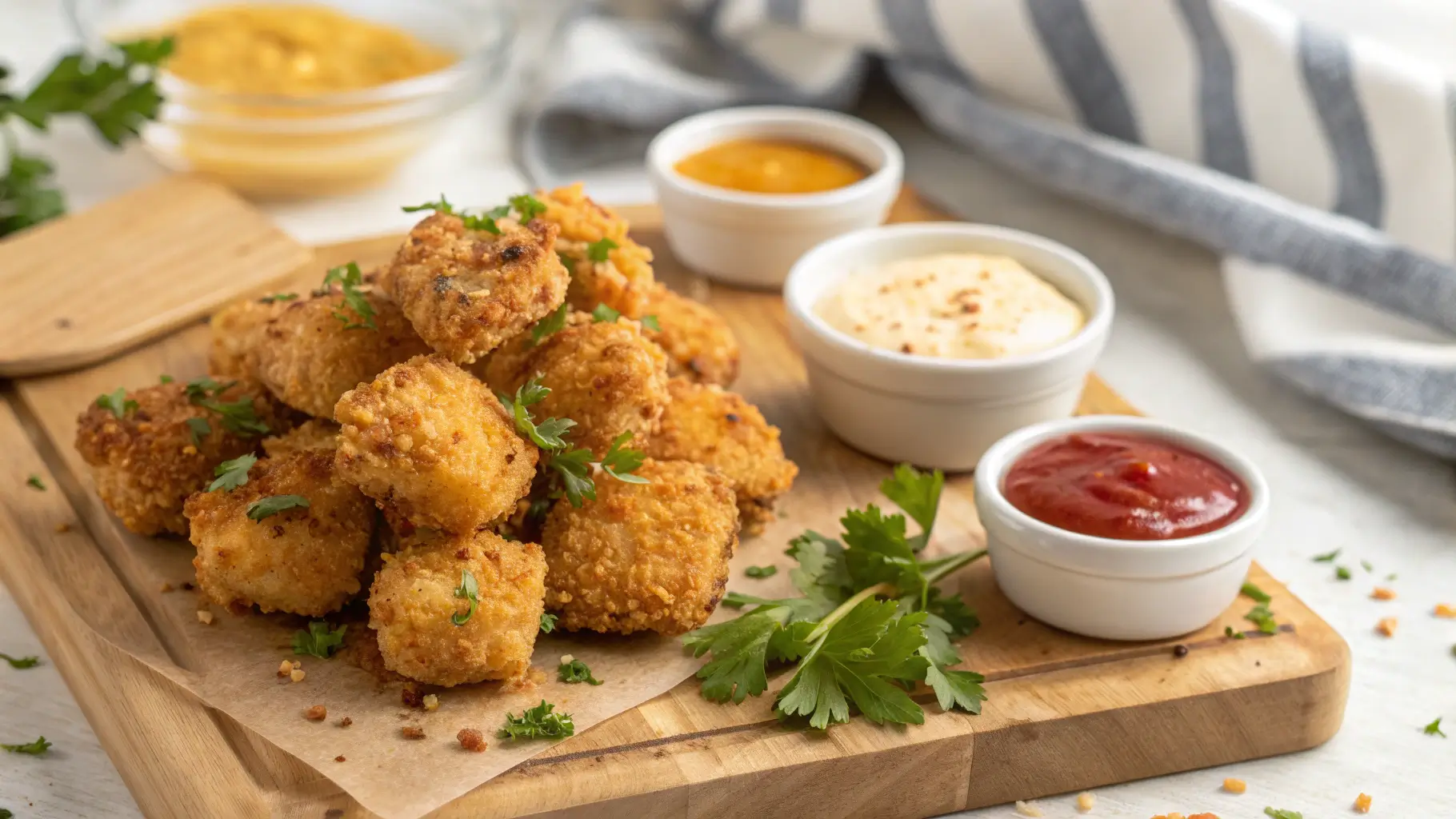 Golden crispy Air Fryer Chicken Bites on wooden board with dipping sauces and fresh herbs