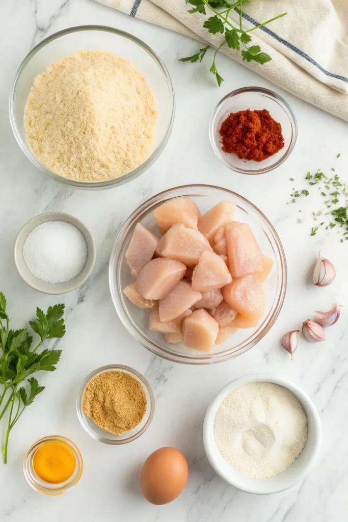 Ingredients for Air Fryer Chicken Bites including chicken, panko breadcrumbs, spices, and buttermilk