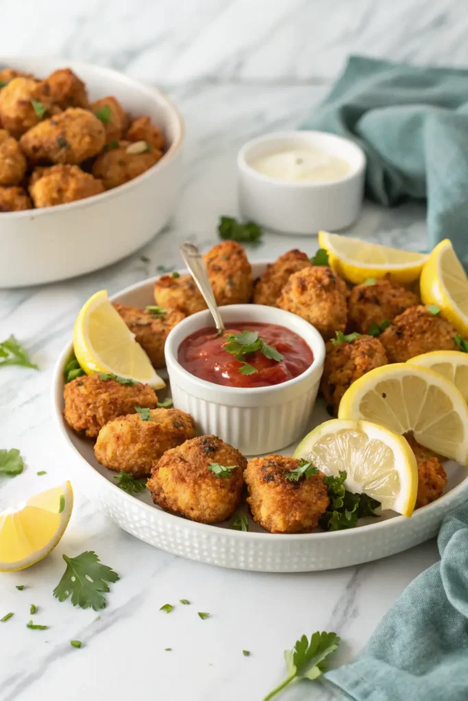 Air Fryer Chicken Bites arranged on white plate with lemon wedges and dipping sauce