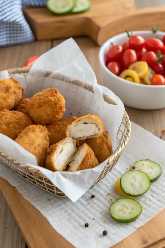 Air Fryer Chicken Bites in basket showing juicy interior and crispy coating with vegetables