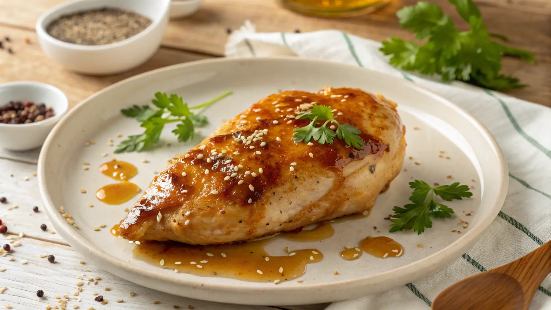 Air Fryer Maple Glazed Chicken Breast with caramelized glaze on white plate garnished with fresh parsley