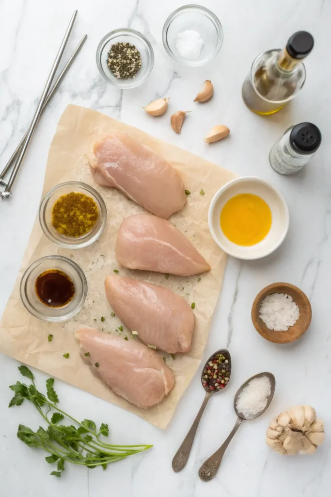 Raw chicken breasts and ingredients for Air Fryer Maple Glazed Chicken Breast including maple syrup soy sauce and spices