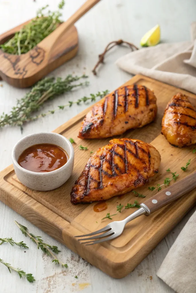 Sliced Air Fryer Maple Glazed Chicken Breast served with Brussels sprouts and rice on elegant gray plate