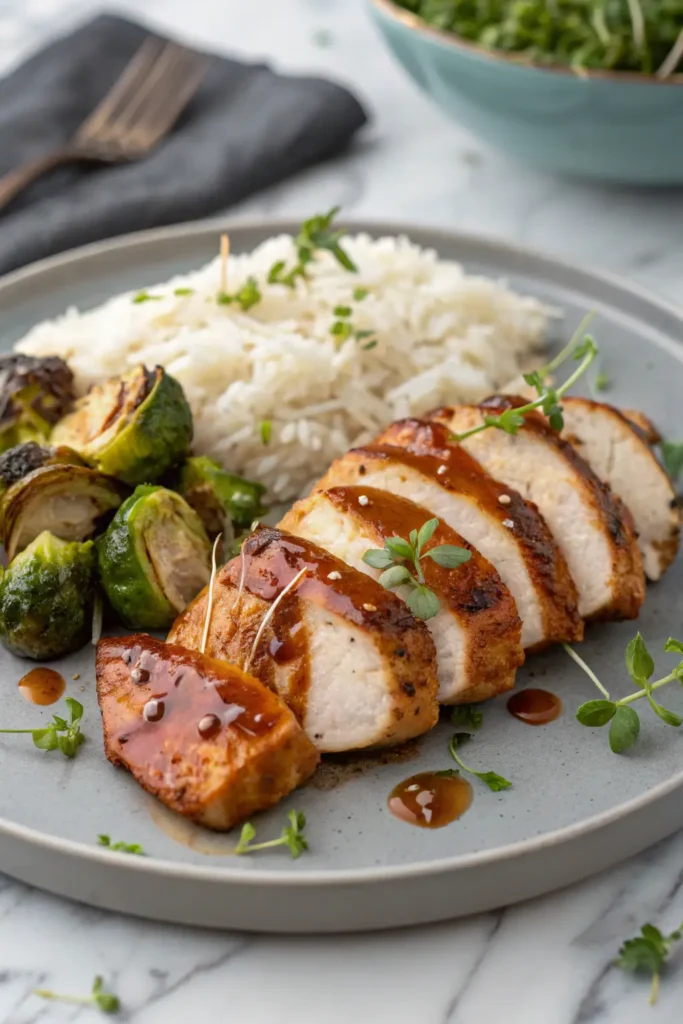 Golden brown Air Fryer Maple Glazed Chicken Breast on wooden cutting board with extra maple glaze