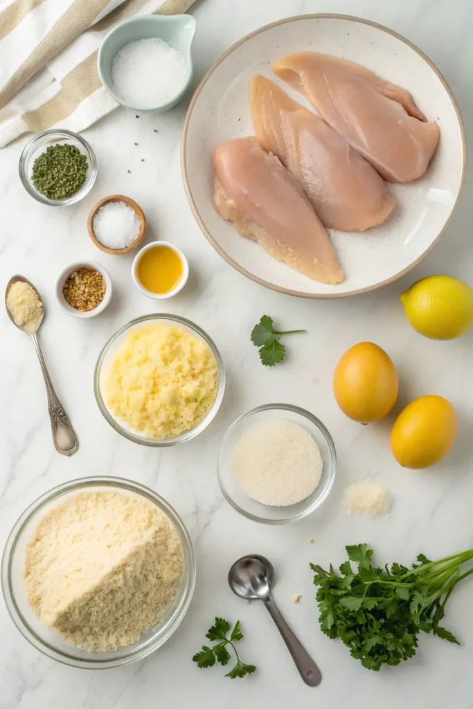 Ingredients for crispy air fryer Parmesan chicken including raw chicken breasts, grated Parmesan cheese, panko breadcrumbs, eggs, and Italian seasonings arranged on marble counter