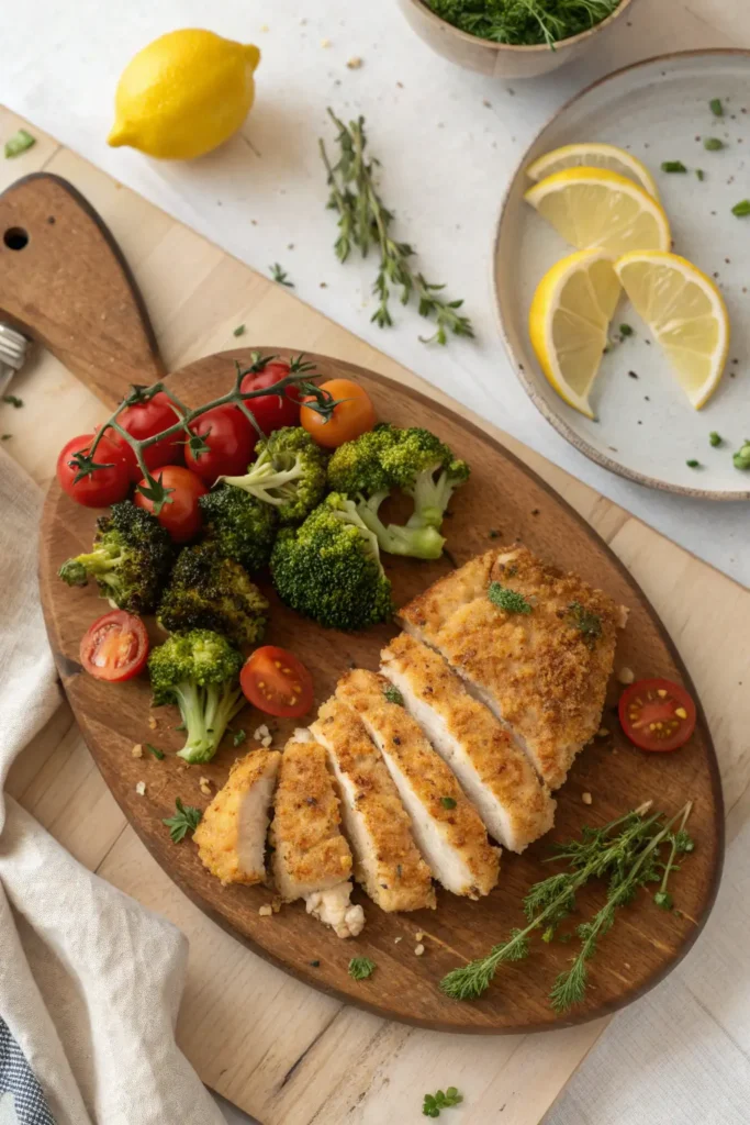 Sliced crispy Parmesan crusted chicken served on wooden board with roasted broccoli, cherry tomatoes, and lemon wedges