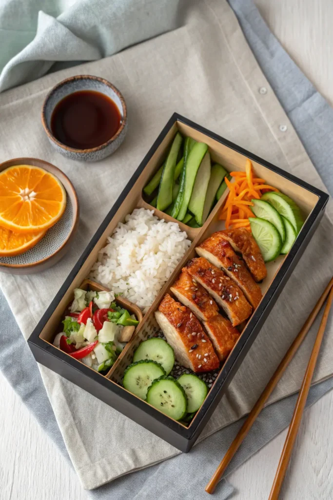 Air Fryer Teriyaki Chicken sliced in Japanese bento box with sushi rice, edamame, and pickled ginger