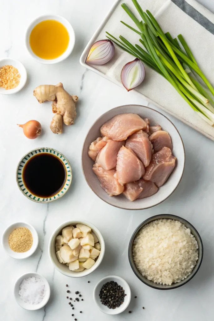 Ingredients for Air Fryer Teriyaki Chicken including raw chicken thighs, soy sauce, honey, ginger, garlic and spices