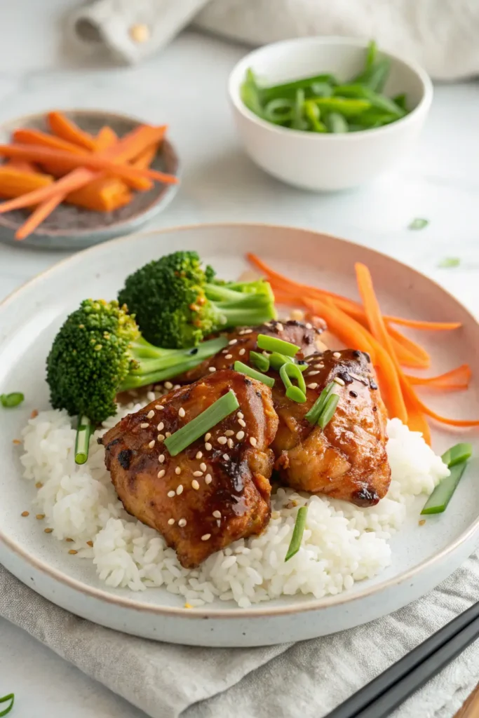 Plated Air Fryer Teriyaki Chicken with crispy skin served over jasmine rice with steamed broccoli and carrots