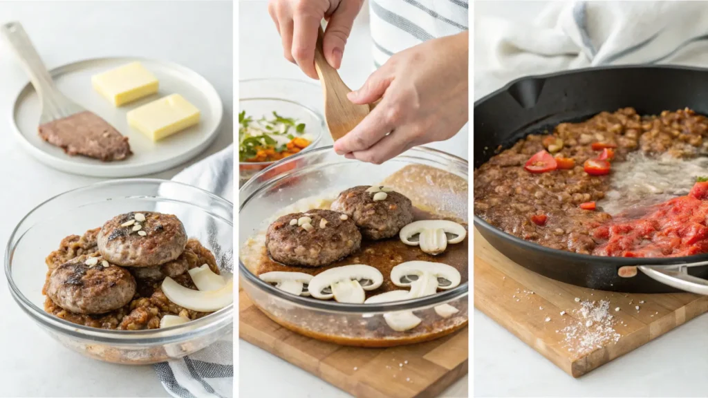 Step-by-step visual guide showing 5 easy steps to make Amish Hamburger Steak Bake from mixing beef to baking