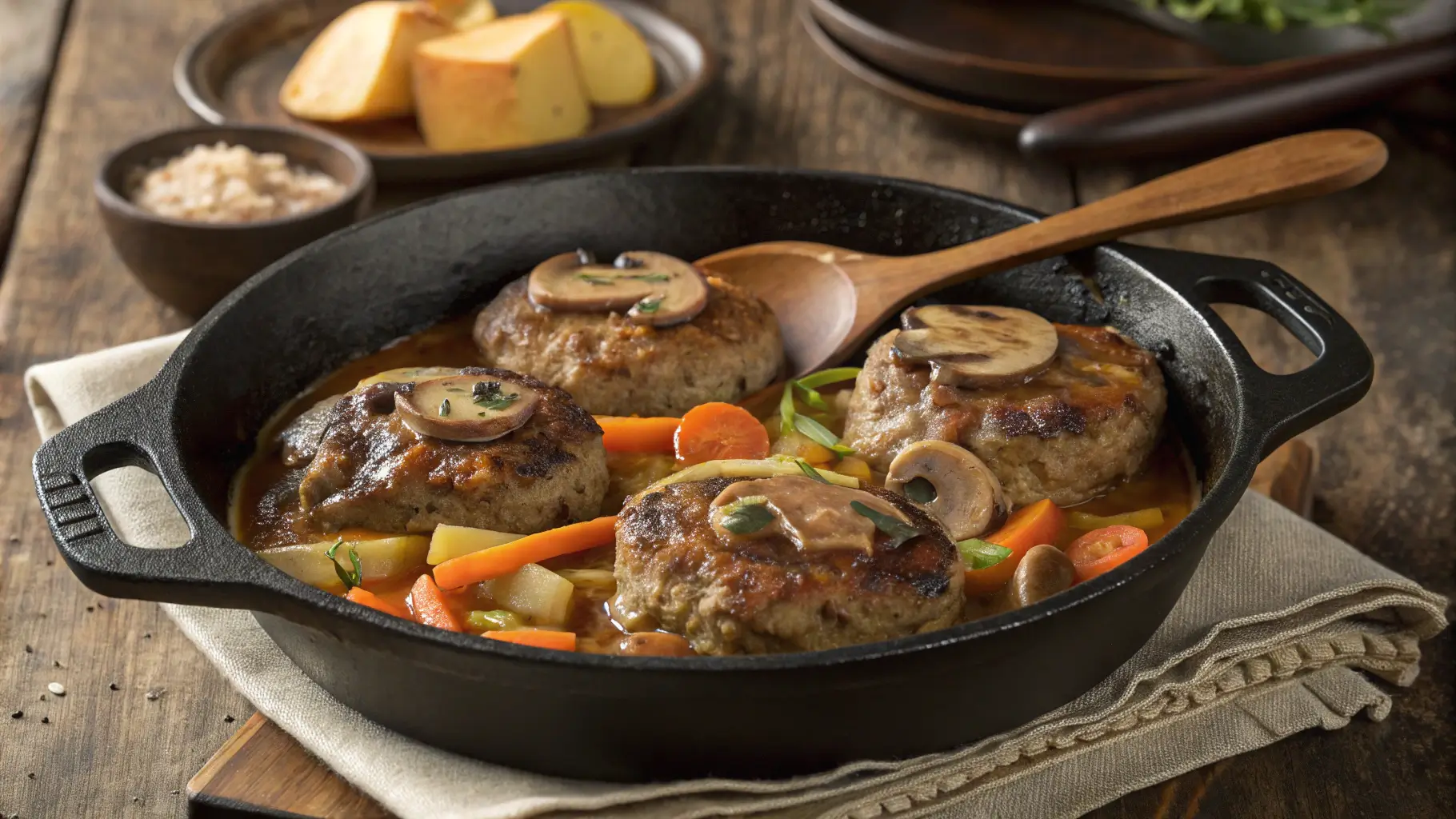 Amish Hamburger Steak Bake in cast iron skillet with golden beef patties, creamy mushroom gravy, potatoes, and carrots fresh from oven