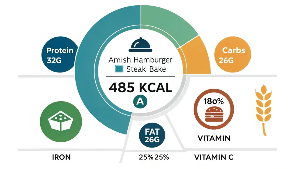 Nutritional information infographic for Amish Hamburger Steak Bake showing 485 calories, 32g protein, macronutrients, and vitamin content per serving