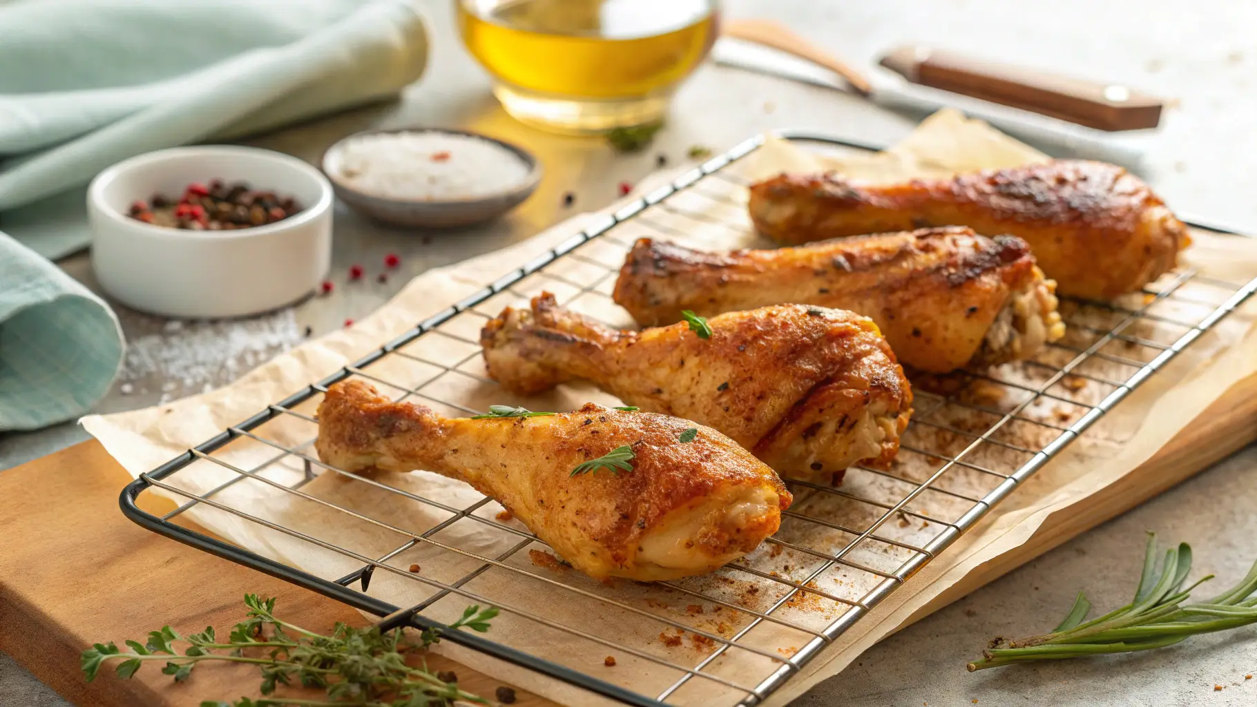 Golden crispy baked chicken drumsticks on wire rack fresh from oven in 30 minutes