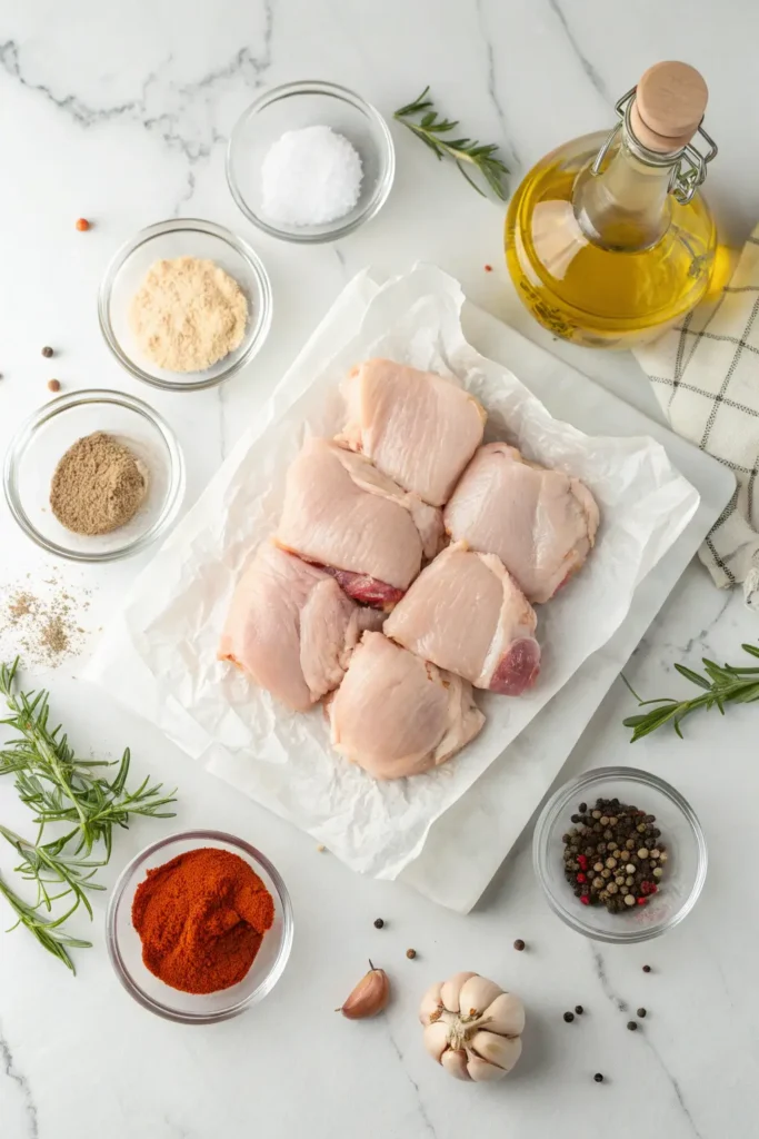 Raw boneless skinless chicken thighs with cooking ingredients including cornstarch, spices, and oil arranged on marble counter