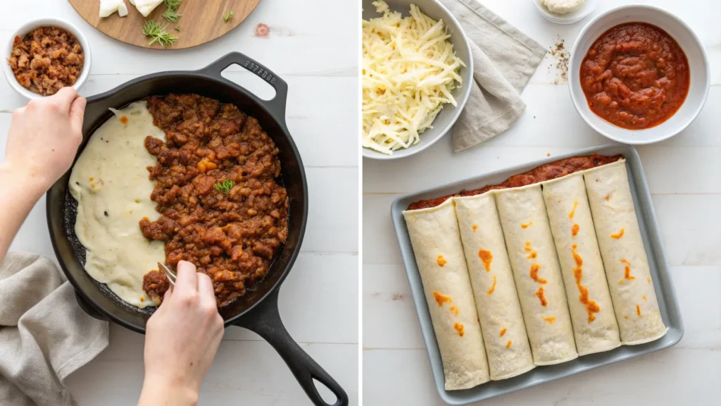 Step-by-step assembly of cheesy ground beef enchiladas showing filling, rolling tortillas, and placing in baking dish