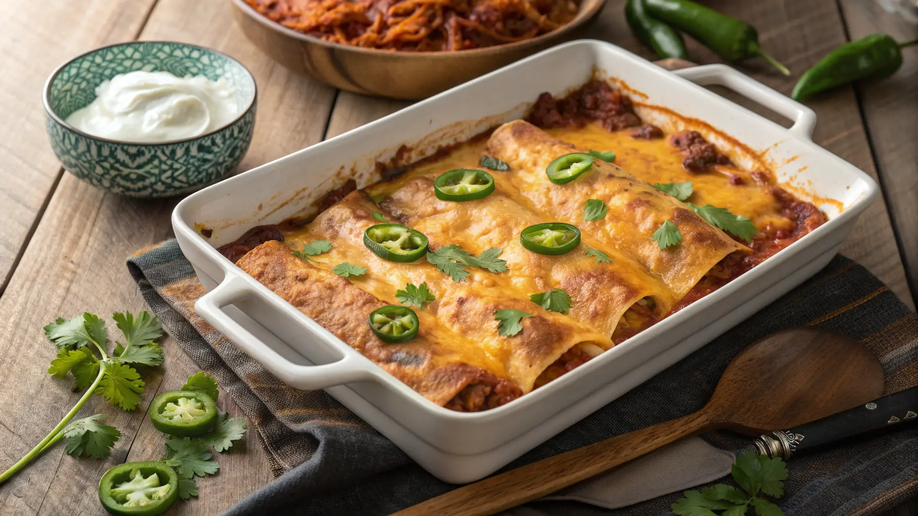 Golden cheesy ground beef enchiladas in baking dish with melted cheese, red sauce, and fresh cilantro garnish
