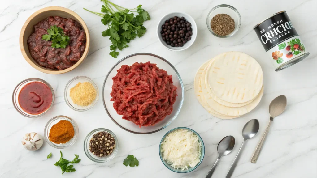 All ingredients for cheesy ground beef enchiladas including ground beef, tortillas, cheese, spices, and enchilada sauce