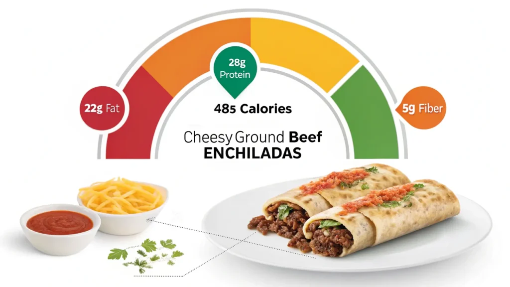 Nutritional information infographic for cheesy ground beef enchiladas showing 485 calories, 28g protein, and daily values