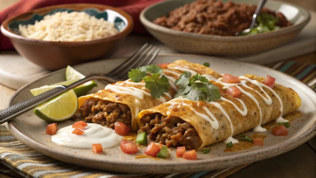 Two plated cheesy ground beef enchiladas topped with melted cheese, sour cream, cilantro, served with rice and beans