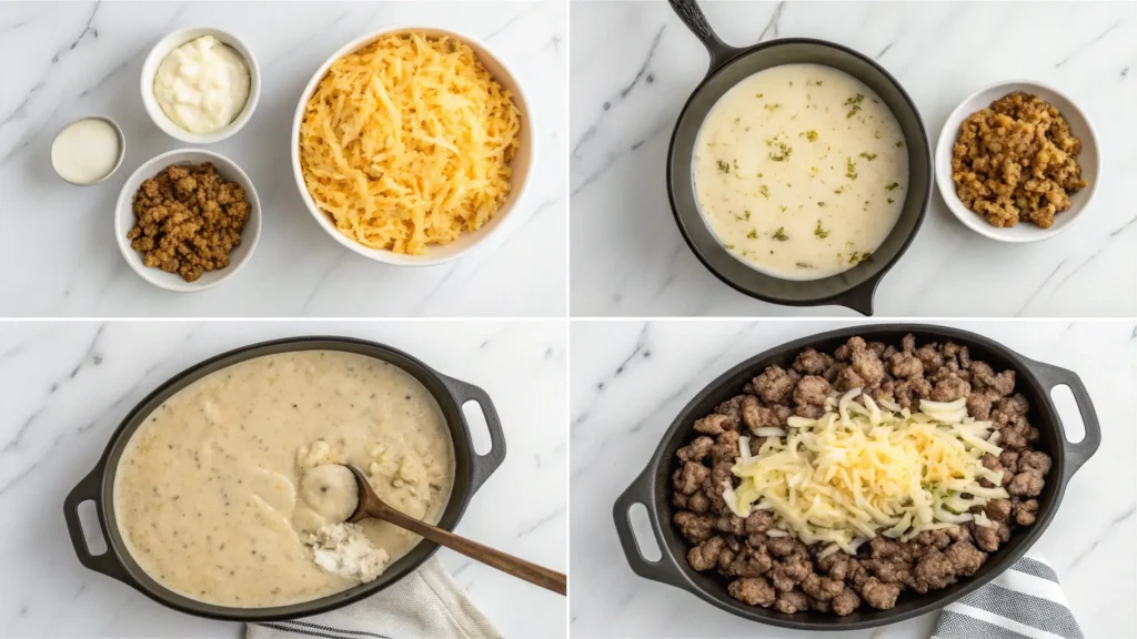 Four step-by-step photos showing how to make Cheesy Hamburger Hashbrown Casserole from browning beef to assembling