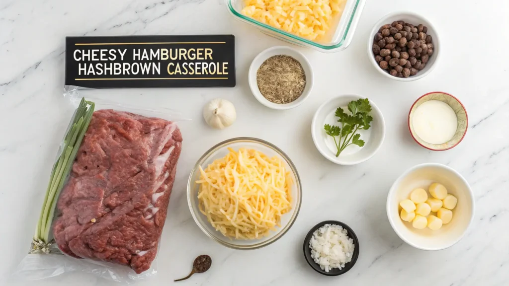 All ingredients for Cheesy Hamburger Hashbrown Casserole laid out including ground beef, hashbrowns, cheese, and seasonings