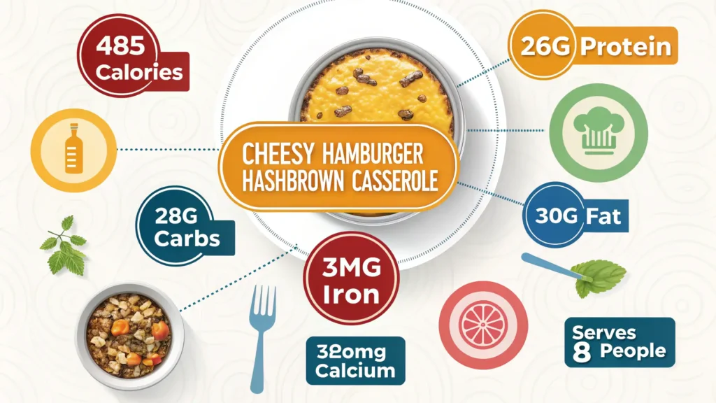 Nutritional information infographic for Cheesy Hamburger Hashbrown Casserole showing 485 calories, 26g protein per serving
