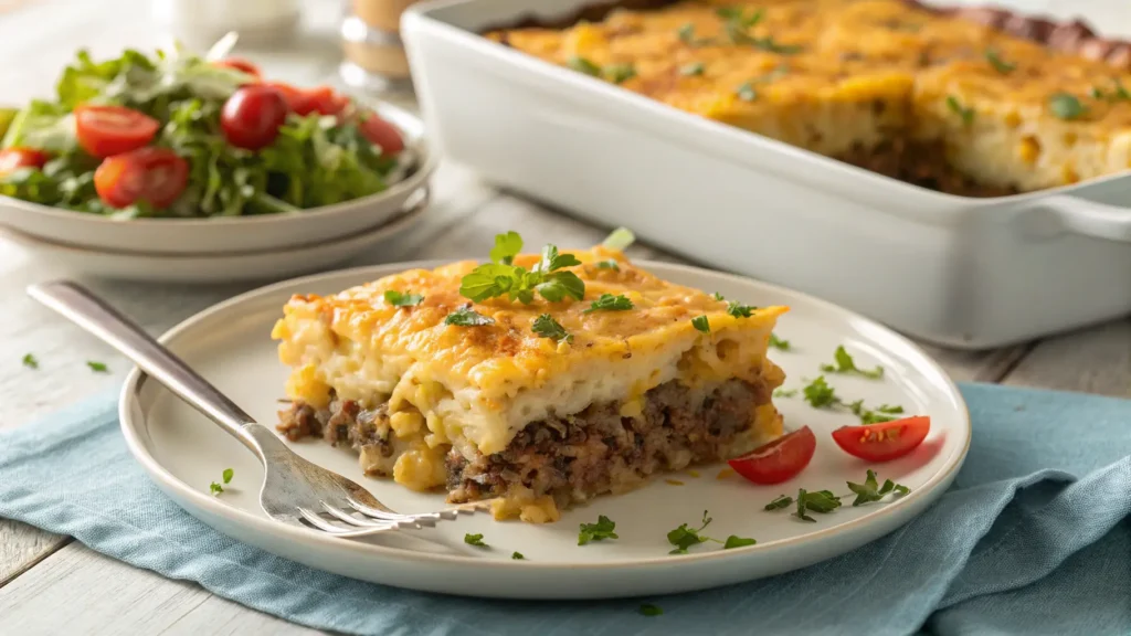 Plated serving of Cheesy Hamburger Hashbrown Casserole with cheese pull, garnished with fresh herbs and side salad