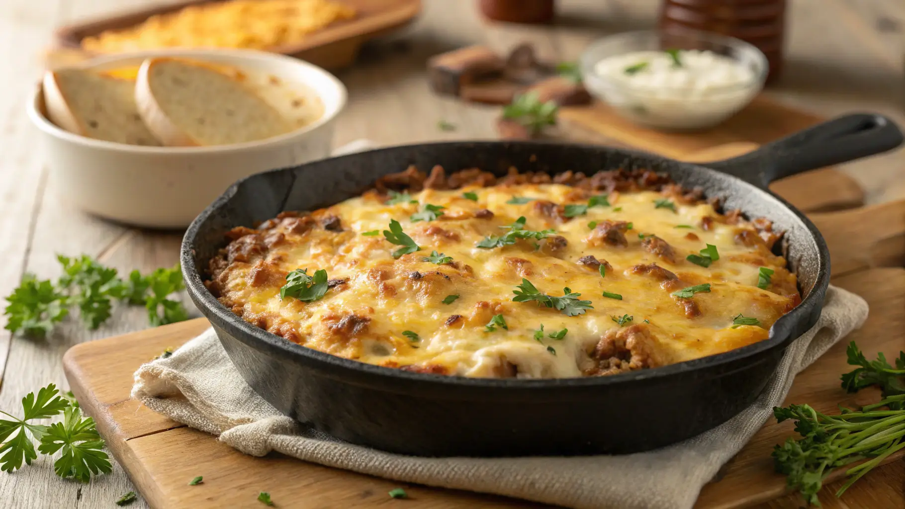 Golden brown cheesy hamburger rice casserole in cast iron skillet with melted cheese and fresh parsley garnish