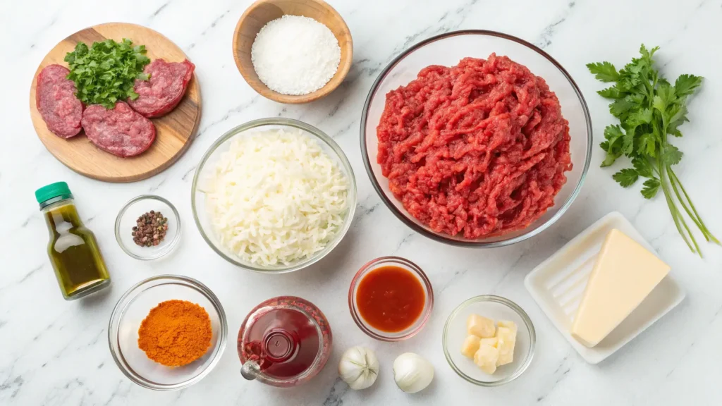 All ingredients needed for cheesy hamburger rice casserole including ground beef, rice, cheese, vegetables, and seasonings on marble countertop