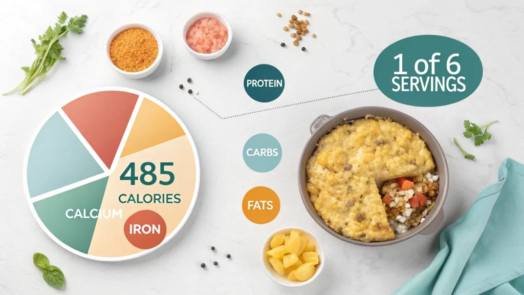 Nutritional information infographic for cheesy hamburger rice casserole showing 485 calories, macronutrients breakdown, and vitamin content per serving
