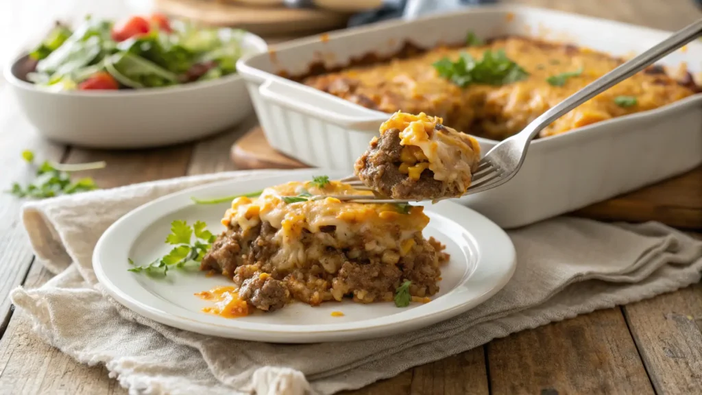 Serving of cheesy hamburger rice casserole on white plate showing cheese pull and layered texture with side salad