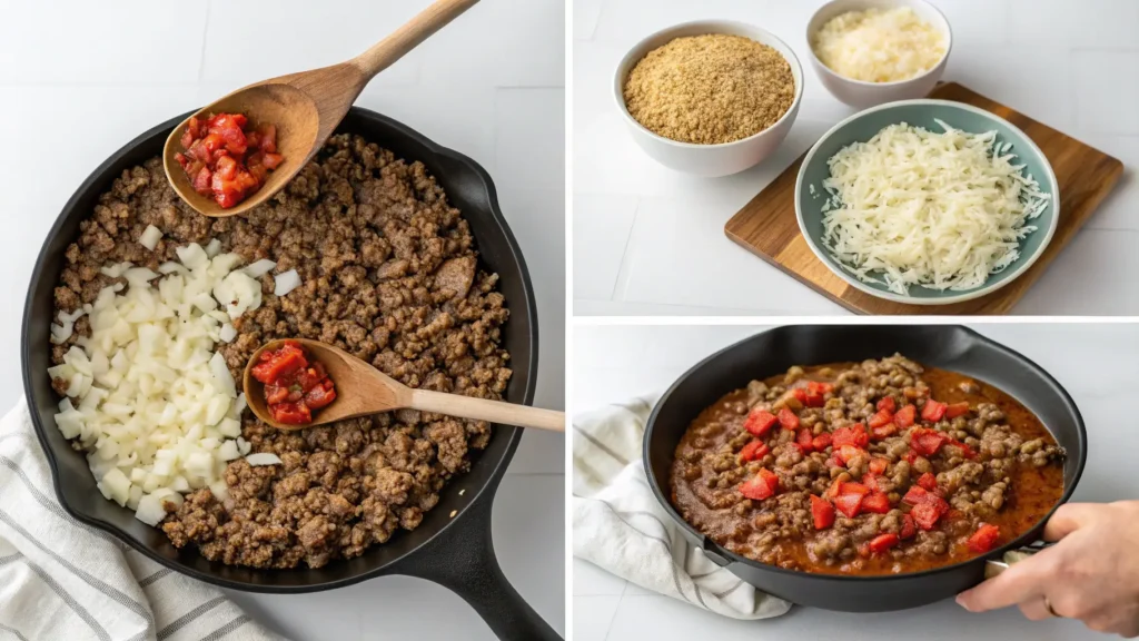 Four step cooking process for making cheesy hamburger rice casserole showing browning beef, sautéing vegetables, mixing rice, and adding cheese