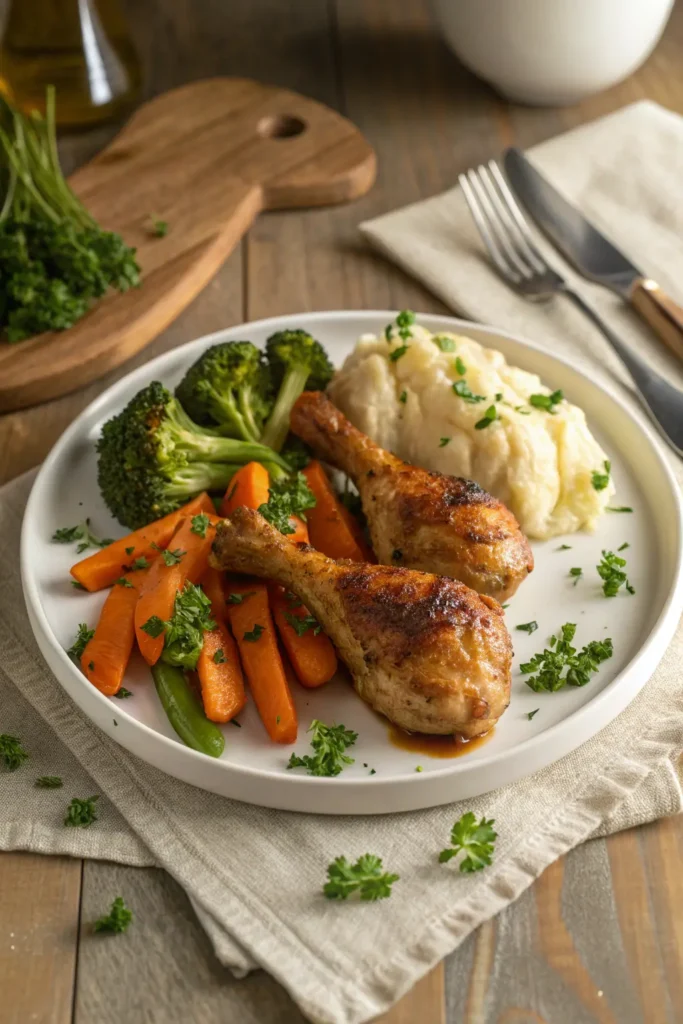Plated baked chicken drumsticks served with roasted vegetables and mashed potatoes on white plate
