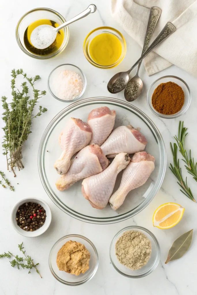 Raw chicken drumsticks with spices olive oil and seasonings arranged for baking recipe